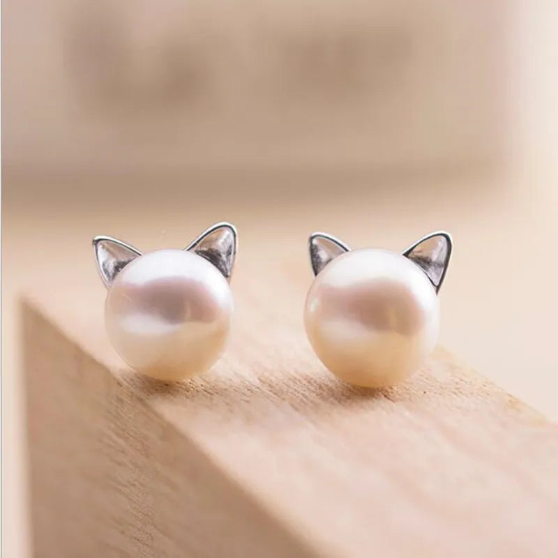 Boucles d’oreilles clous Chat en argent sterling avec perle